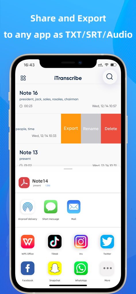 iTranscribe - Audio to Text - Smartphone screen displaying iTranscribe app share sheet with options to export notes to various social and productivity apps