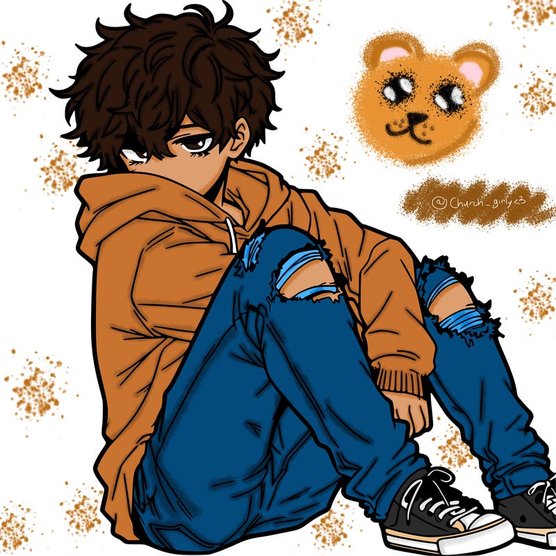 a male hoddie ripped jeans messy hair anime