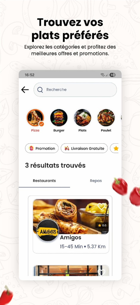 Zigzag Delivery - Mobile interface of Zigzag Delivery app displaying food categories and a restaurant listing for Amigos.