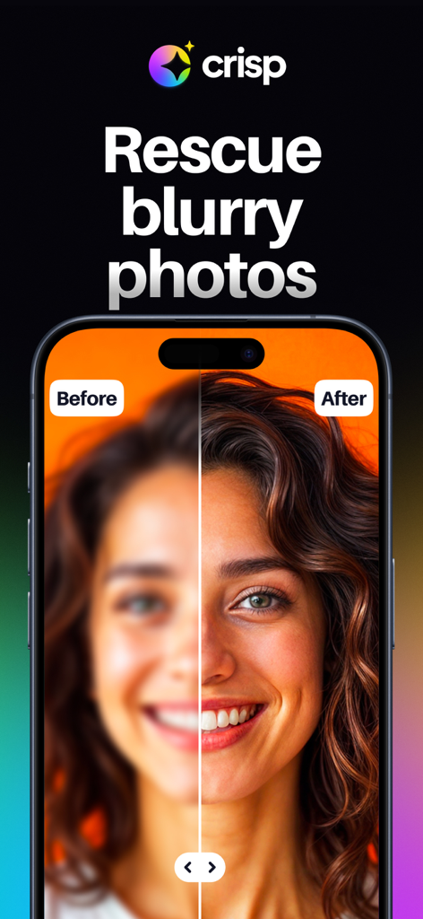 Crisp - AI Photo Enhancer - Before and after comparison of a blurry portrait sharpened by Crisp AI photo enhancer
