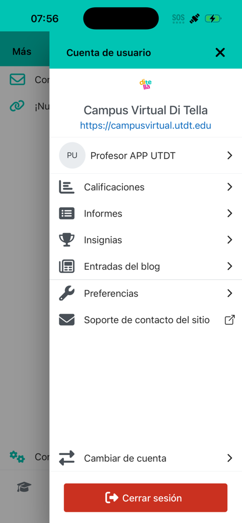 Campus Virtual Di Tella - Menú de cuenta de usuario de la aplicación Campus Virtual Di Tella mostrando opciones académicas como calificaciones e informes