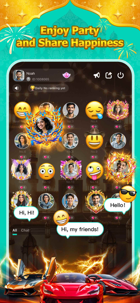 Waky Pro - Interfaz de la app Waky Pro que muestra un chat de fiesta grupal en vivo con perfiles de usuario y emojis.