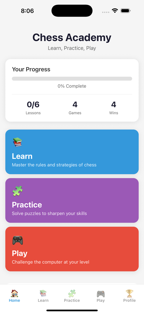 Chess Academy - Play & Learn - Chess Academy app home screen showing progress tracking and main navigation options for learning practicing and playing chess