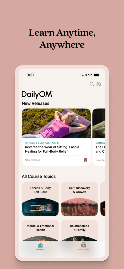 DailyOM Mindful Living Classes - DailyOM app interface displaying various wellness course topics and new releases for mindful living.