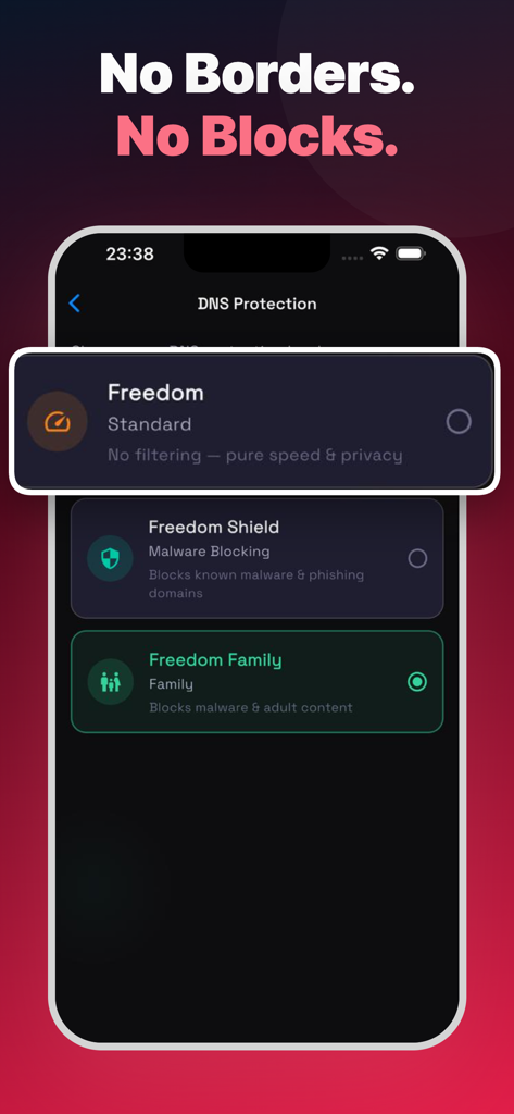 Freedom DNS - Fast & Secure - Interfaz de la aplicación Freedom DNS que muestra diferentes modos de protección, incluyendo Estándar, Escudo de Malware y Protección Familiar.