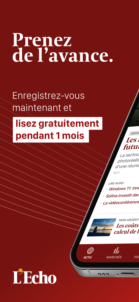 L'Echo - L'Echoニュースアプリのプロモーション画面。金融・政治分析の1か月無料トライアルを提供しています。