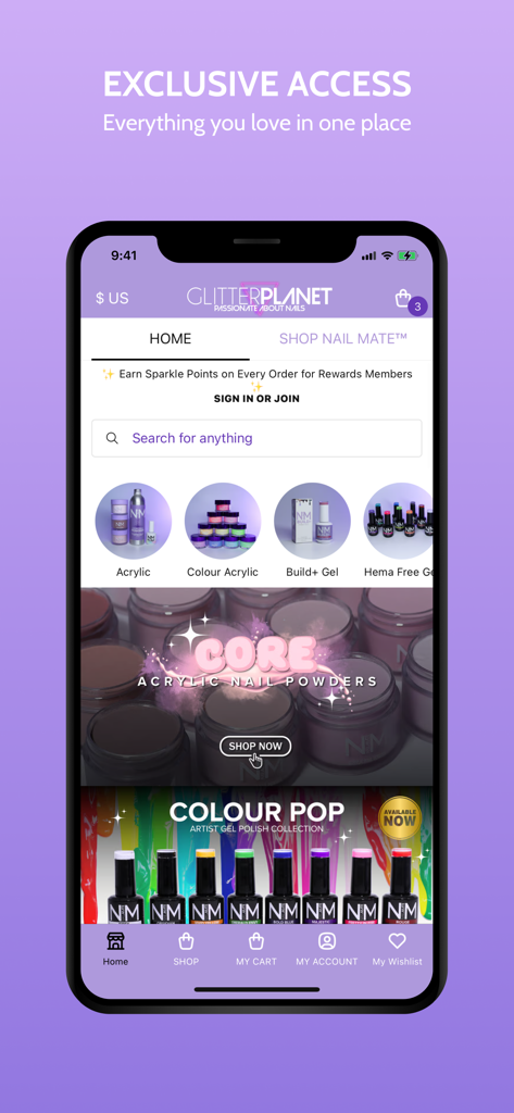 Glitter Planet - Glitter Planet mobile app home screen showing nail product categories like acrylics and gels