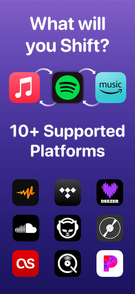 SongShift app screen displaying over ten supported music streaming services for playlist migration including Spotify and Apple Music