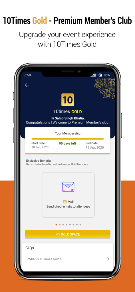 10times - Find Event & Network - 10Times Gold Premium Member Club interface showing membership status and exclusive event networking benefits
