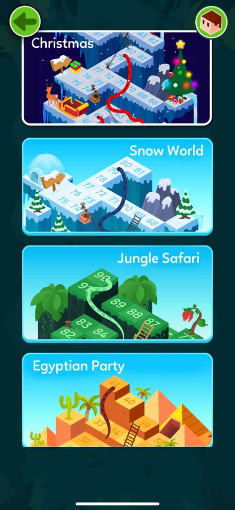 A menu showing four colorful 3D board game themes including Christmas, Snow World, Jungle Safari, and Egyptian Party.
