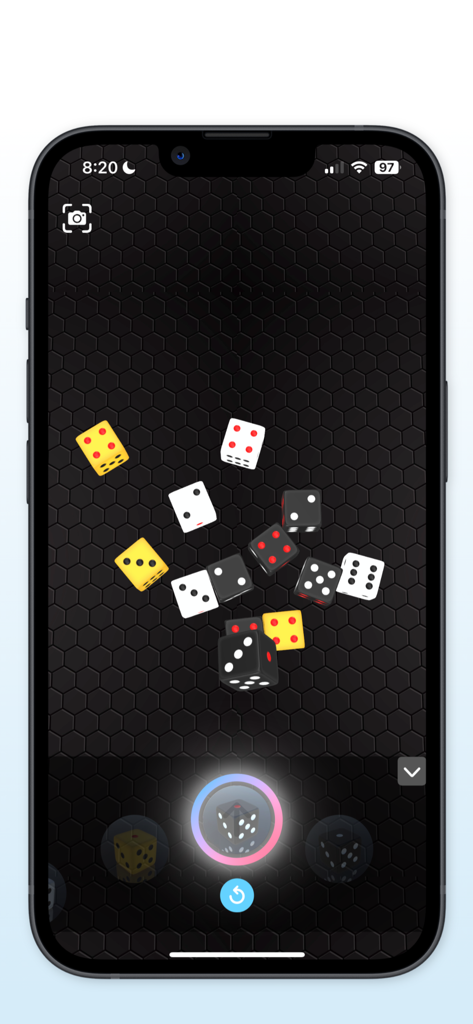 Dice Roller 3D: Yahtzee, Ludo - iPhone screen showing a 3D dice roller simulator with multiple colored dice on a dark hexagonal background