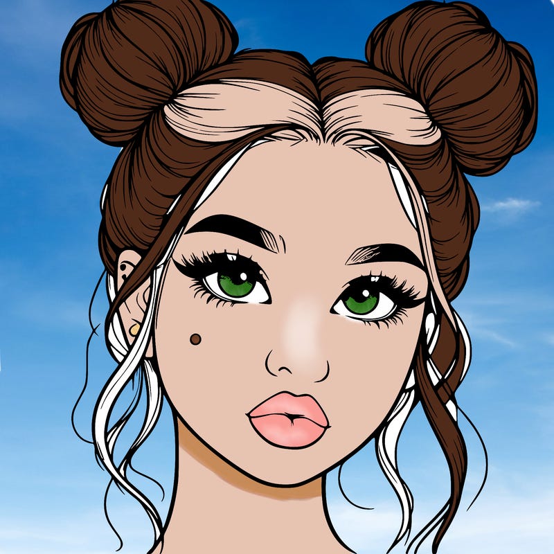 realistic girl with two buns on her hair and lips
