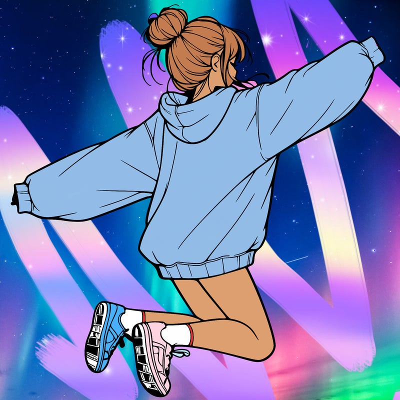 realistic girl jumping with a bun and oversized sweatshirt