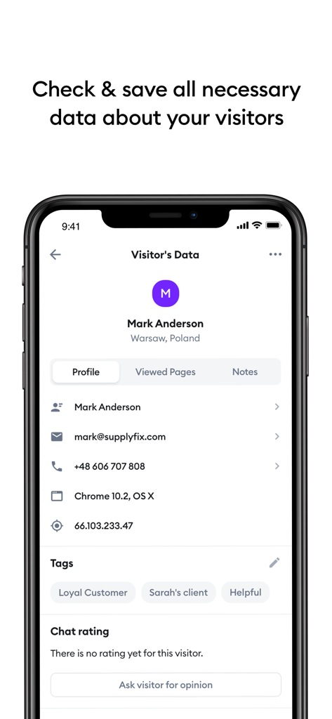 Tela do aplicativo móvel Tidio mostrando um perfil de visitante com detalhes de contato, informações do navegador e tags de cliente.