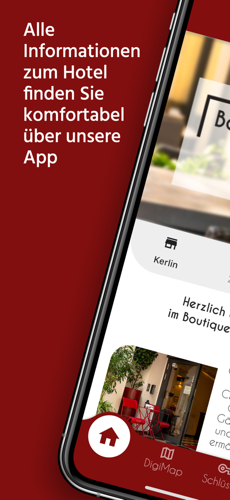 Kerlin - Smartphone displaying the Kerlin boutique hotel app with digital guest map and travel information