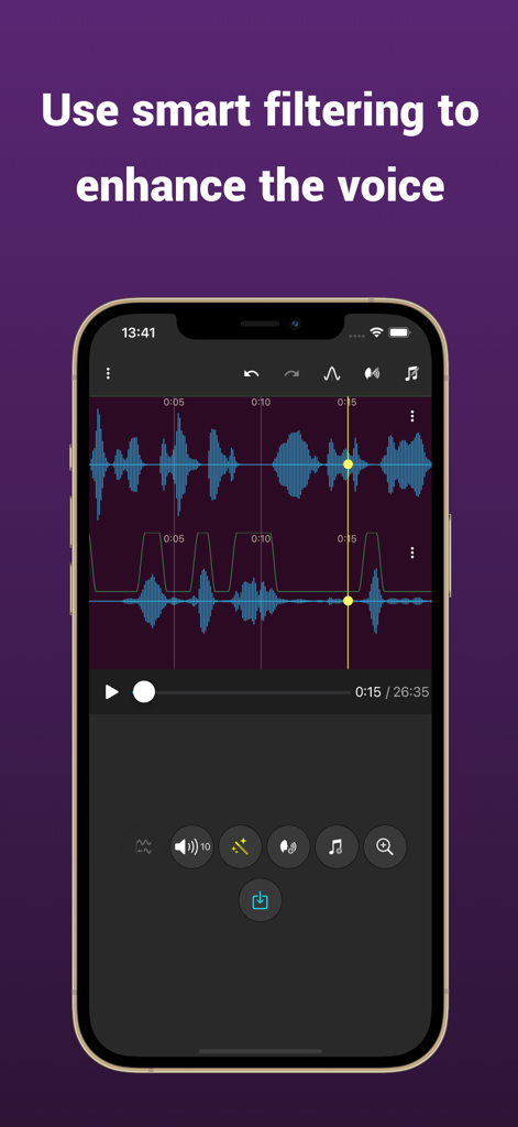 Add Music To Voice - Audio editing interface with smart filtering for voice enhancement