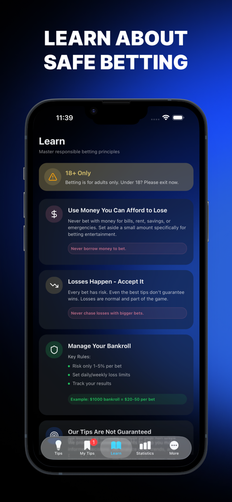 TipFever - AI Betting Tips - Pantalla de la aplicación TipFever que muestra principios de apuestas seguras y consejos de gestión de fondos.