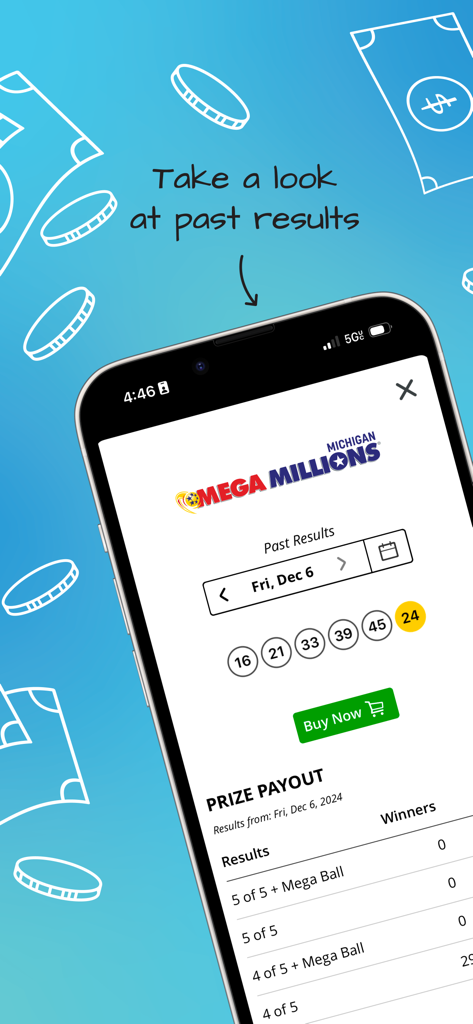 Michigan Lottery app showing Mega Millions winning numbers and prize payout results on a mobile screen.