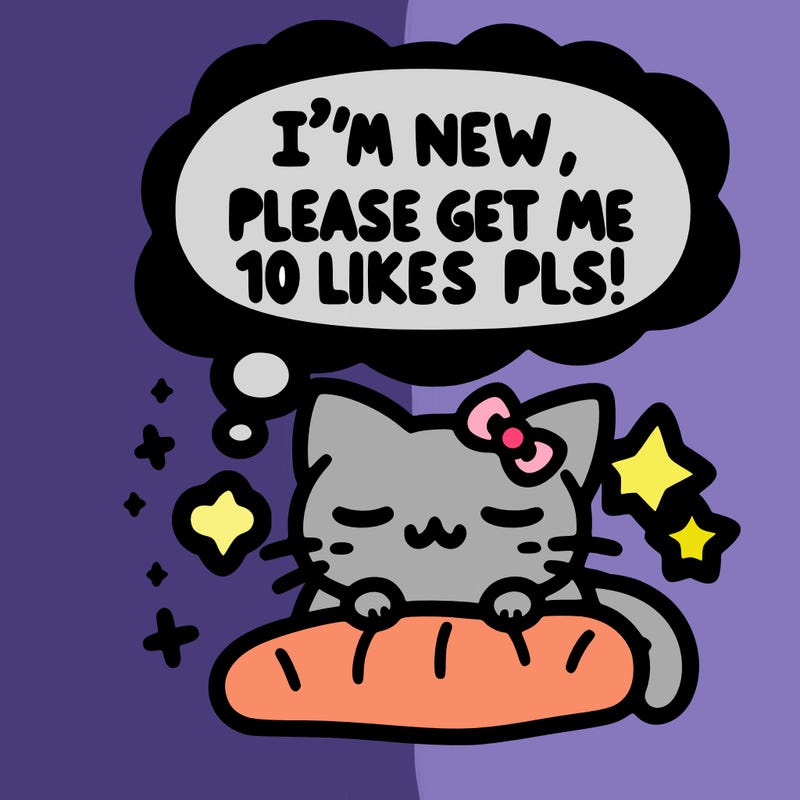 kitty taking a nap dream talking and saying "i'm new, please get me at least 10 likes pls!!"