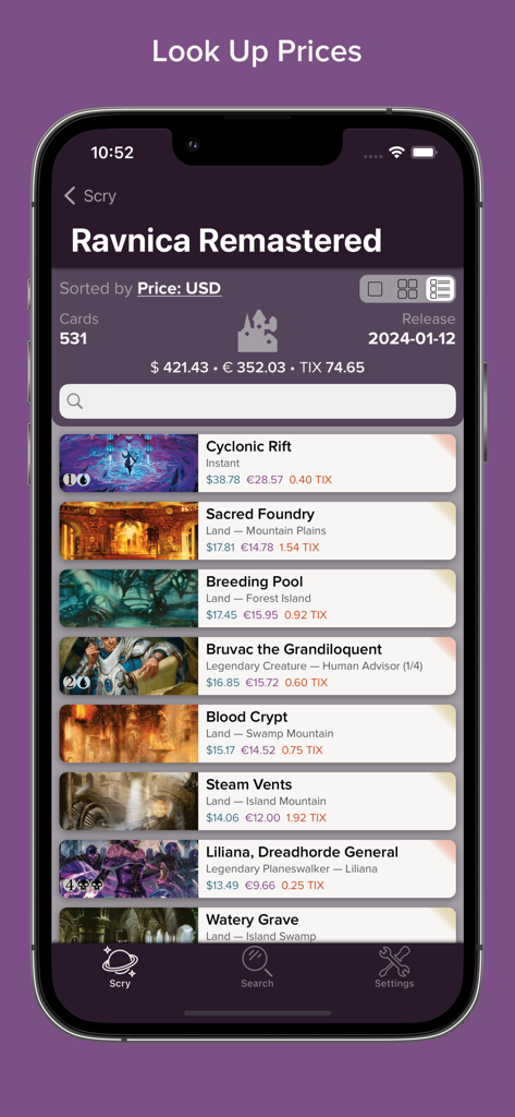 Una pantalla de la aplicación Scry MTG que muestra los precios de las cartas de Magic The Gathering del set Ravnica Remastered.