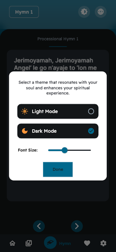 Theme and font size customization options in the CCC NAP Hymns app.