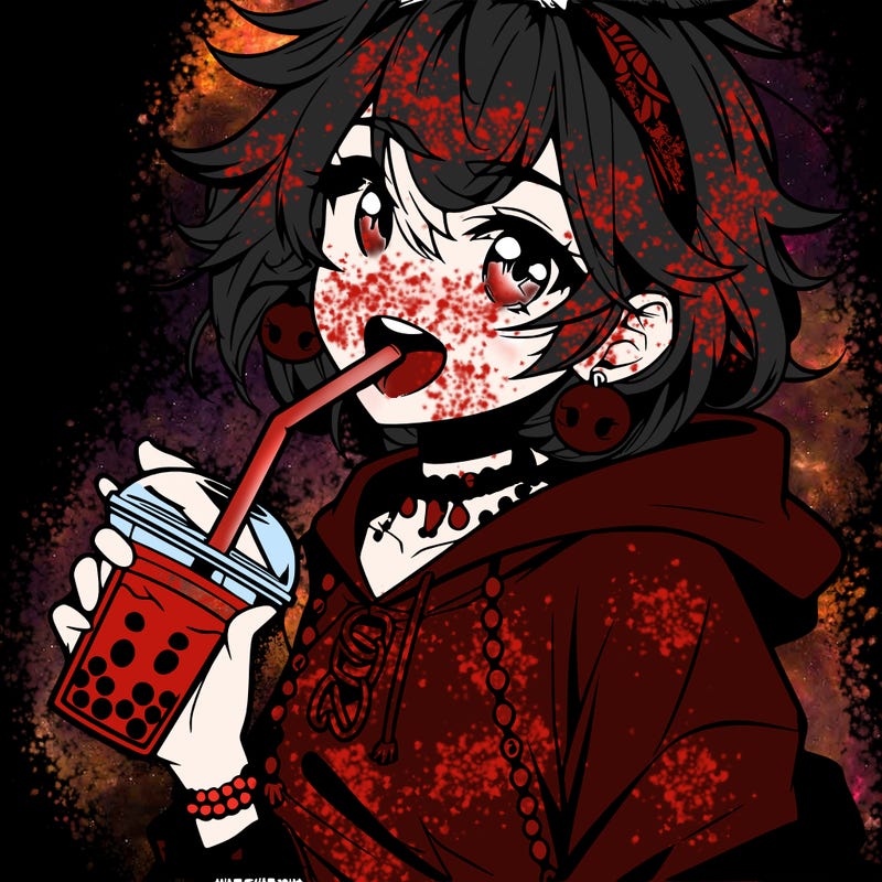 hot baddie anime girl drinking boba and biting the straw