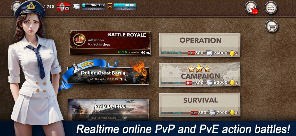 Navy Field: Online Sea Battles - Navy Field game menu showing battle modes and naval officer character