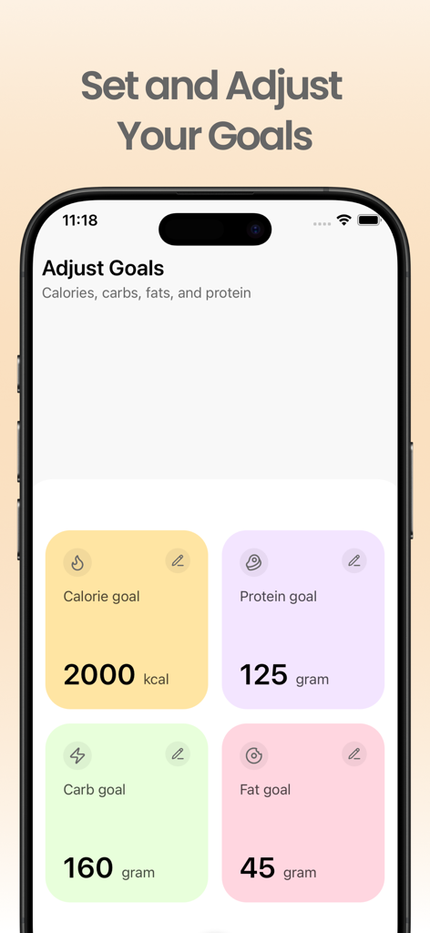 Nutrio - AI Calorie Tracker - Nutrio app screen displaying adjustable goals for calories and macros including protein carbs and fats