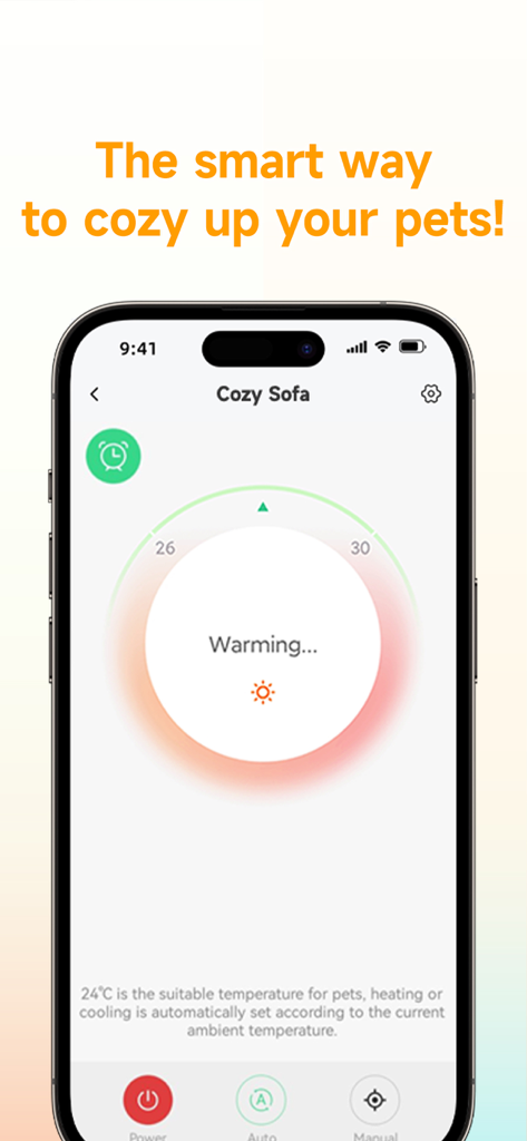 Petoneer app interface showing remote temperature control for a smart pet sofa with warming status