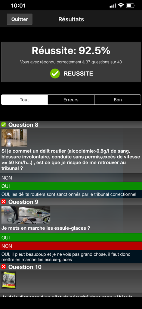 Écran de résultats de l'application d'examen de conduite français affichant un score de réussite de 92,5 % avec une revue des réponses correctes et incorrectes.