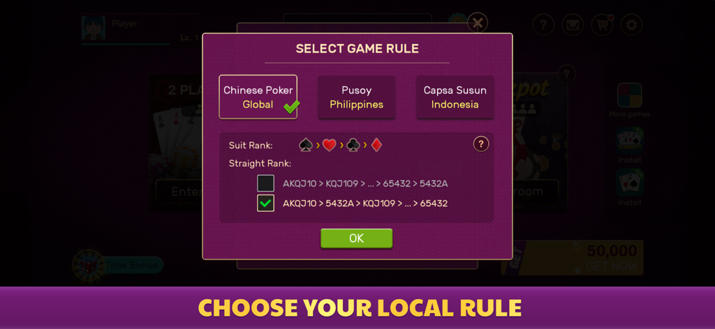 Chinese Poker - Pusoy Offline - Menu per la selezione di regole locali tra cui Pusoy Cinese Globale Filippine e Capsa Susun Indonesia