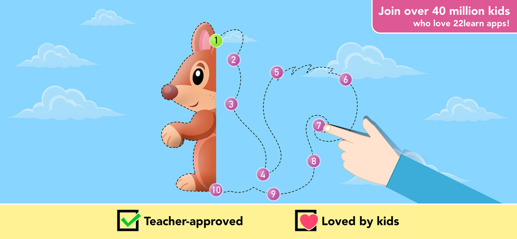 123 Bubble Kids Learning Games - Educational game screen showing a child tracing a squirrel by connecting numbered bubbles from one to ten