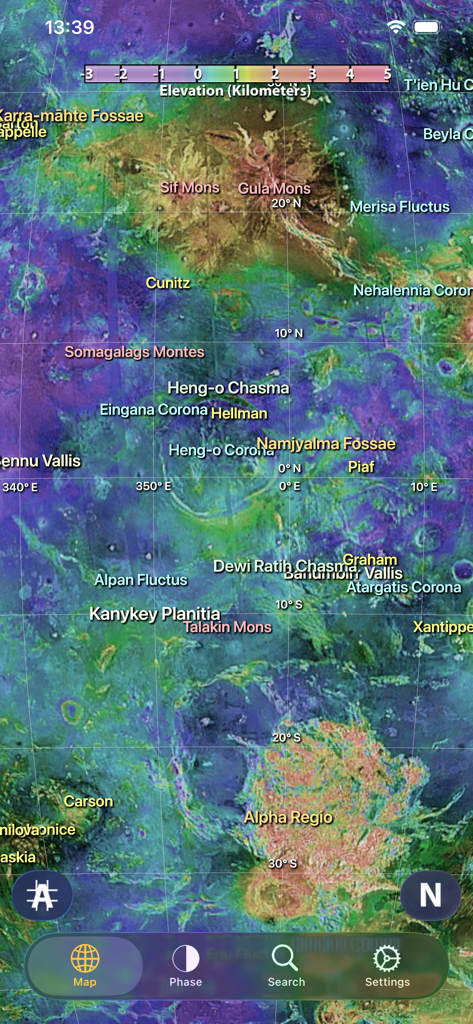 Venus Atlas - 金星アトラスアプリに表示されている、地質学的ラベル付きの金星表面の地形マップ。