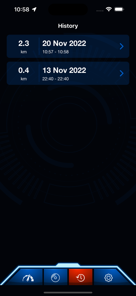 History screen of the GPS Speedometer app showing a list of past recorded trips with distances and dates.