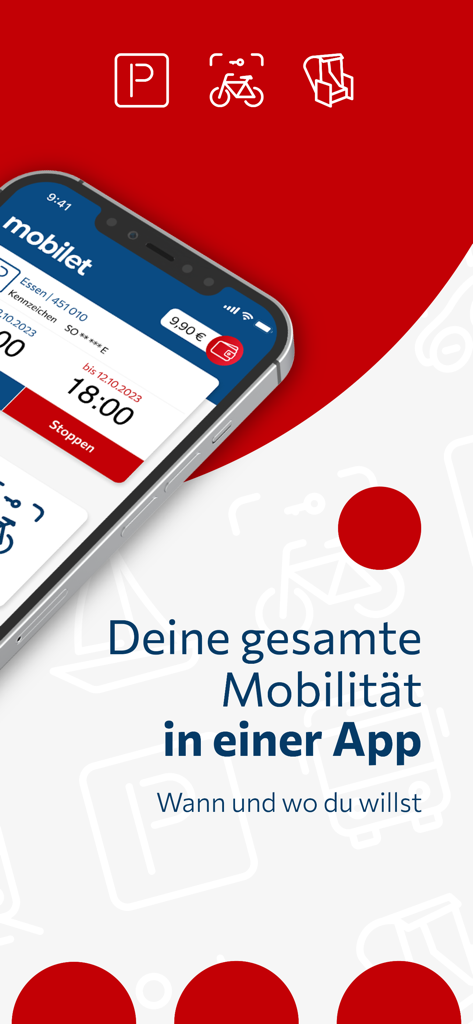mobilet.de - A smartphone displaying the mobilet app interface with icons for parking and bicycle storage