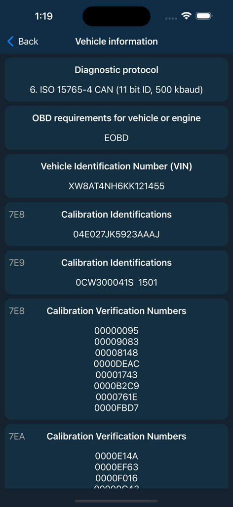 Car Mate - OBD2 CAR Scanner - Car Mate app screen displaying vehicle information including VIN and diagnostic protocol