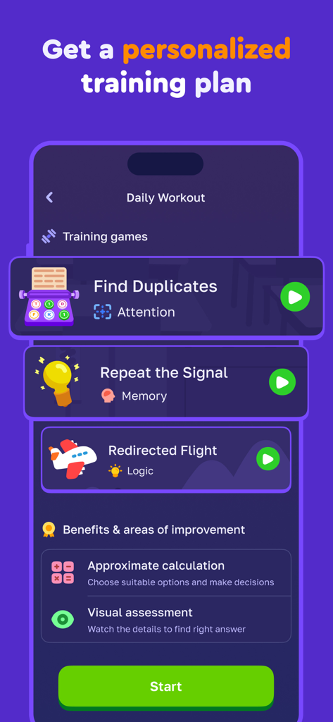Oberfläche der Brainy Train App, die einen personalisierten täglichen Trainingsplan mit kognitiven Spielen für Aufmerksamkeit, Gedächtnis und Logik zeigt.