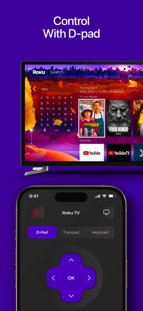 Interfaz de la aplicación de iPhone que muestra un D-pad púrpura para navegar por la pantalla de un Roku TV