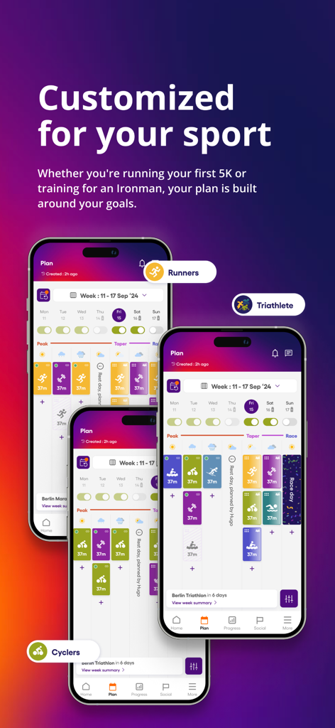 Humango: AI Training Planner - Humango app screenshots displaying personalized training plans for runners triathletes and cyclers