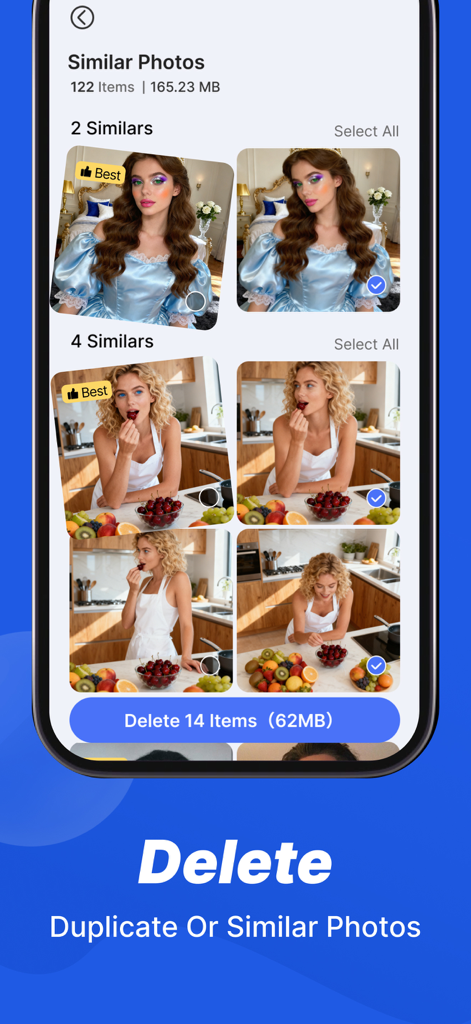 Handy Clean - Handy Clean app interface showing the detection and selection of similar photos for deletion to free up storage space.