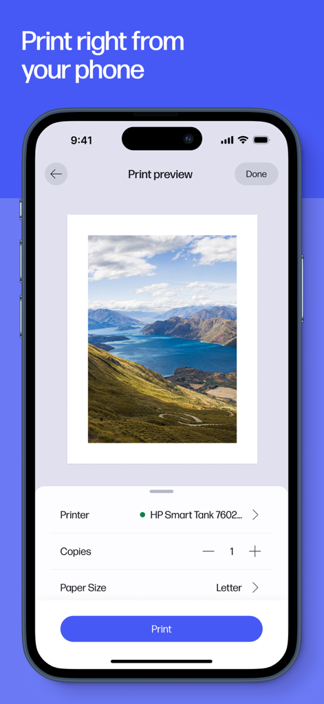HP mobile app print preview screen on an iPhone showing a landscape photo and print settings