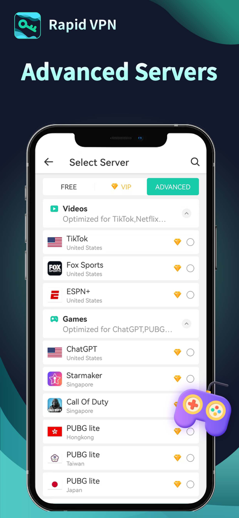 Interface of Rapid VPN displaying advanced servers optimized for streaming apps and mobile games.