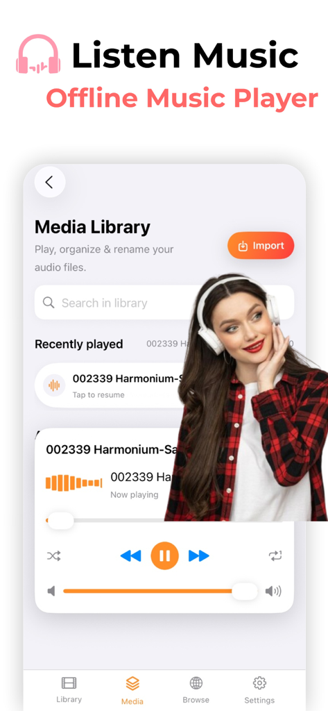 Una interfaz móvil para la app Tubidy Fm con una biblioteca de medios y controles de reproducción de música para escuchar sin conexión.