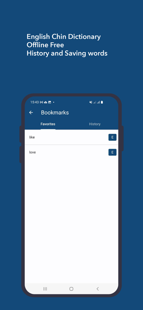 Bookmarks screen in the English Chin Hakha Dictionary mobile app