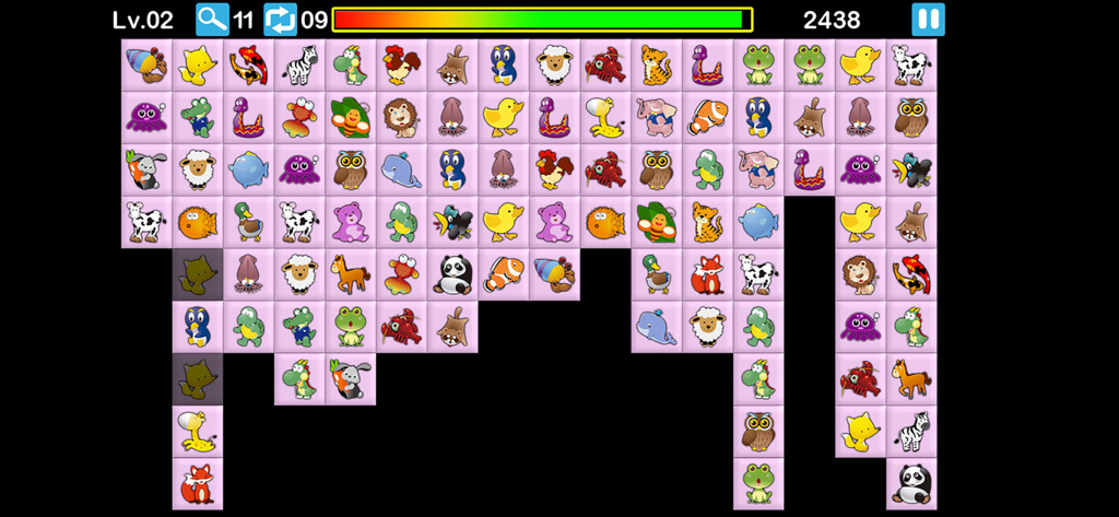 A gameplay screenshot of Onet Online showing a grid of colorful animal tiles on a level board with UI elements like timer and hints.