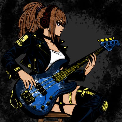cyberpunk anime femme human in leather with a bass guitar