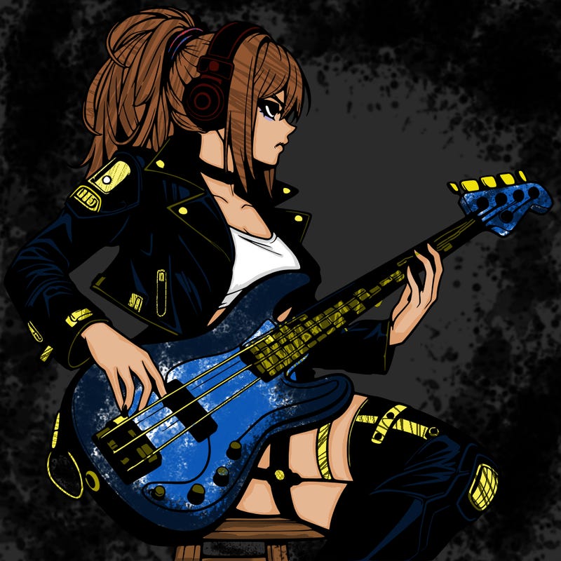 cyberpunk anime femme human in leather with a bass guitar