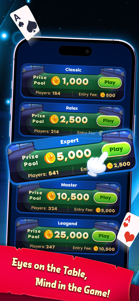 Donkey Multiplayer - Schermata mobile che mostra varie modalità di difficoltà del gioco di carte da Classico a Leggenda con diversi montepremi in monete e conteggi di giocatori.