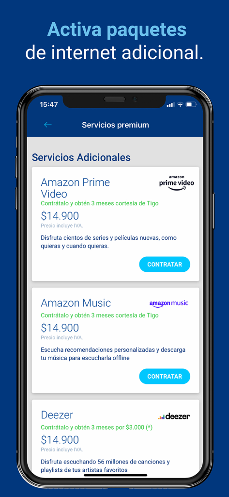 Interfaz de la app Mi Tigo Colombia mostrando opciones para suscribirse a servicios premium como Amazon Prime Video y Deezer.