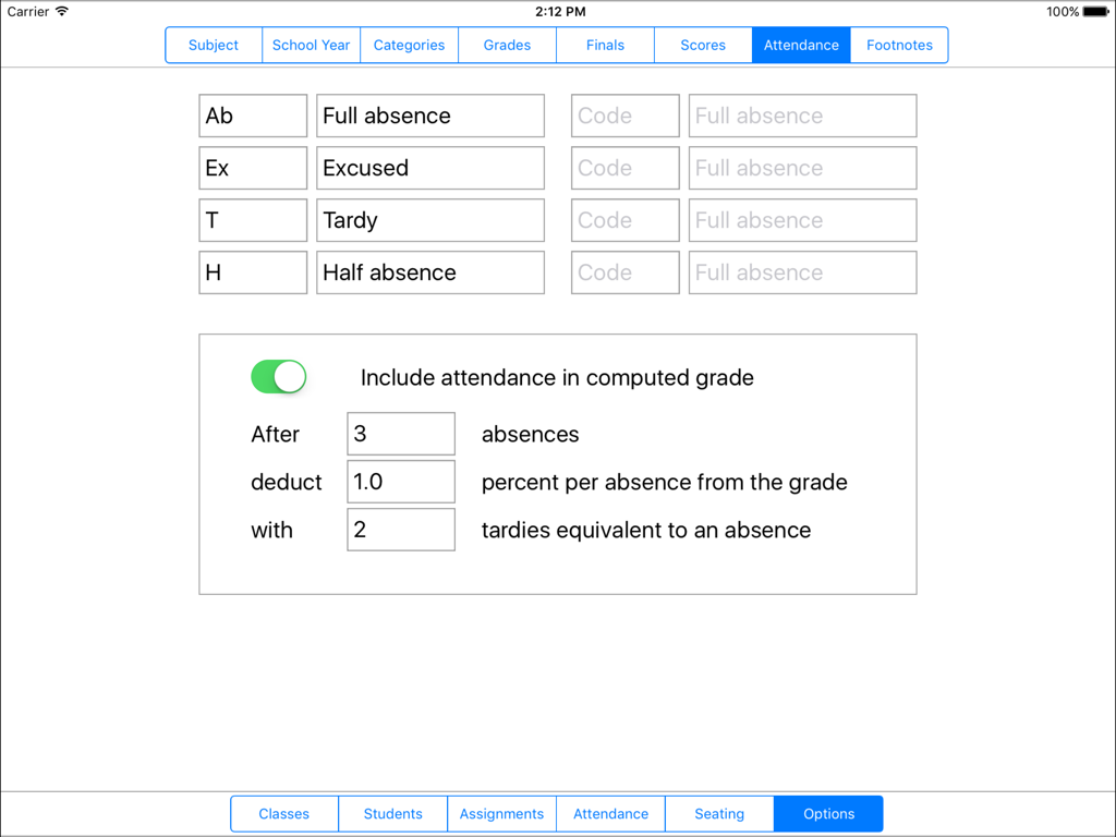 Tela de configurações de frequência no aplicativo Gradekeeper para iPad mostrando regras de dedução por ausência e atraso